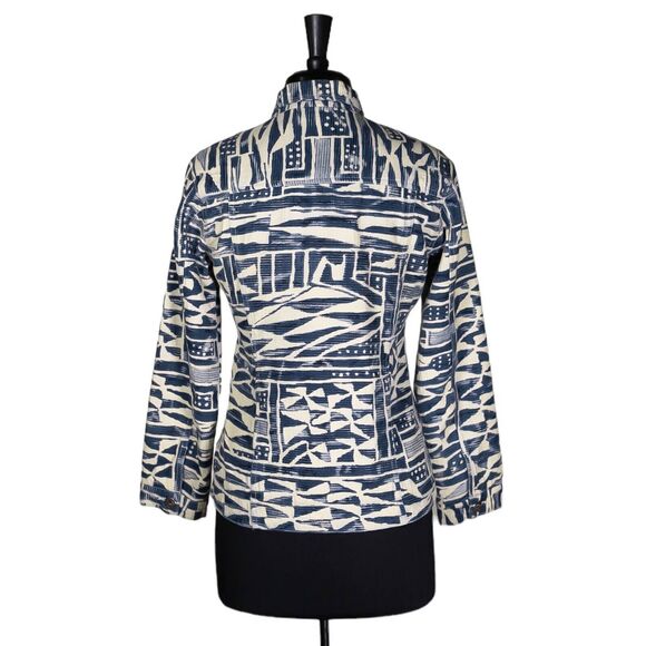 Chico's Women's Jacket Beige Blue Abstract Navajo Tribal Geometric Pockets 0 S/4 - Picture 2 of 10
